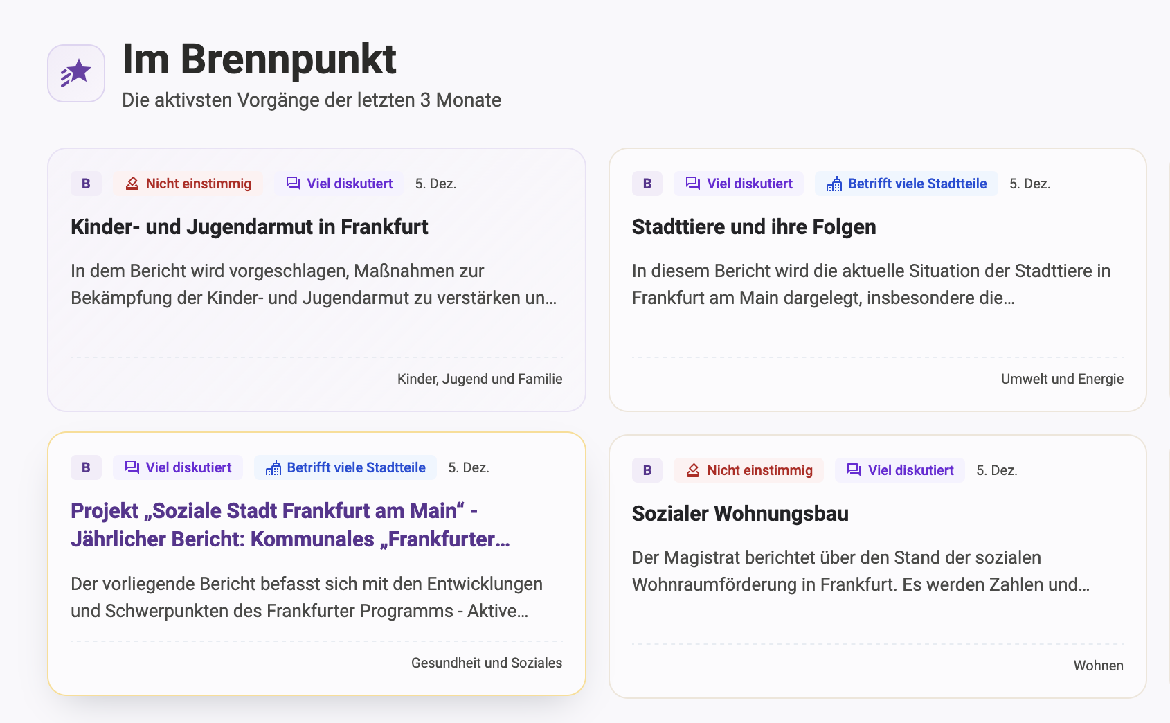 Die neue Startseite von Frankfurt Gestalten mit Stadtpolitik-Dashboard