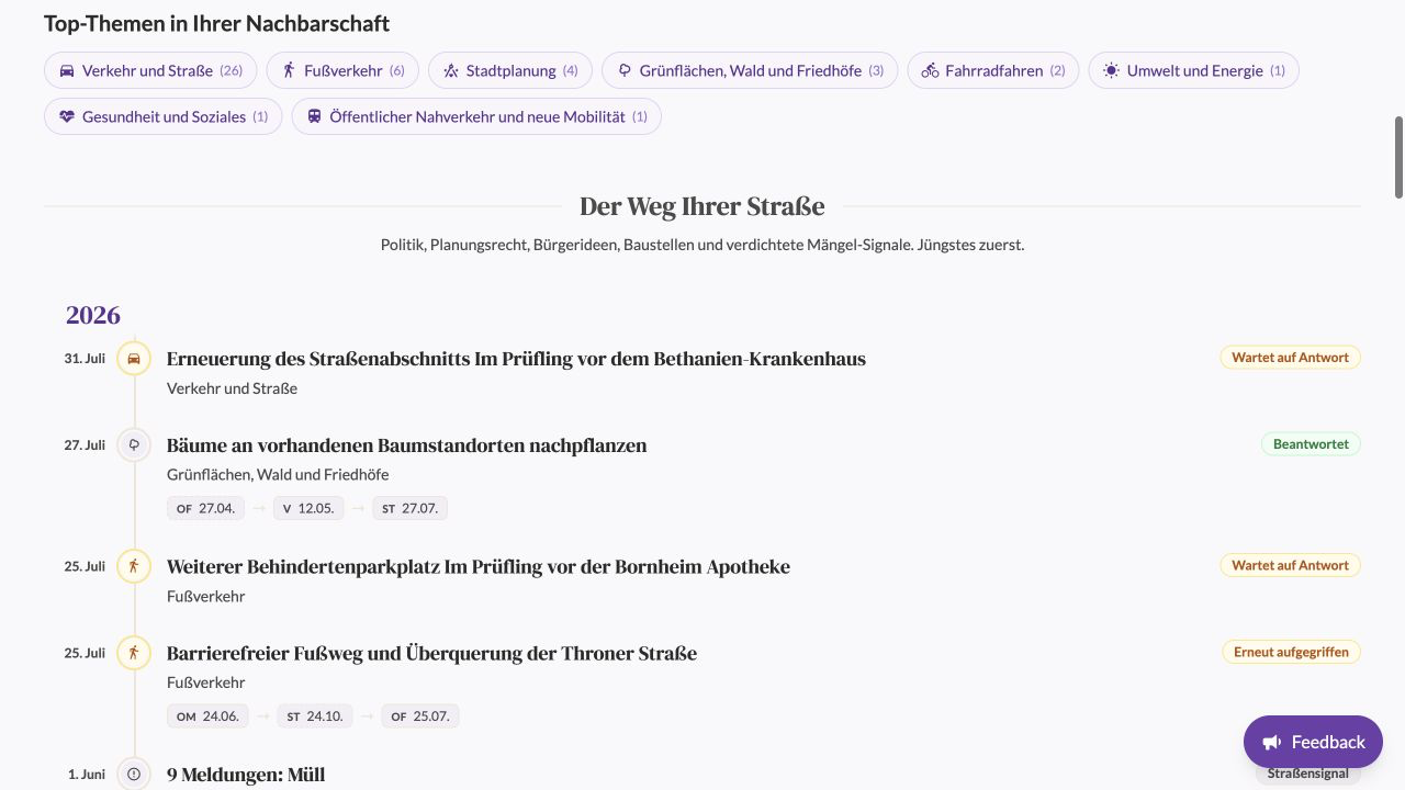 Zeitstrahl der Straße Im Prüfling in Bornheim: Vorgänge, Status, Verfahrensschritte und gebündelte Mängelmeldungen