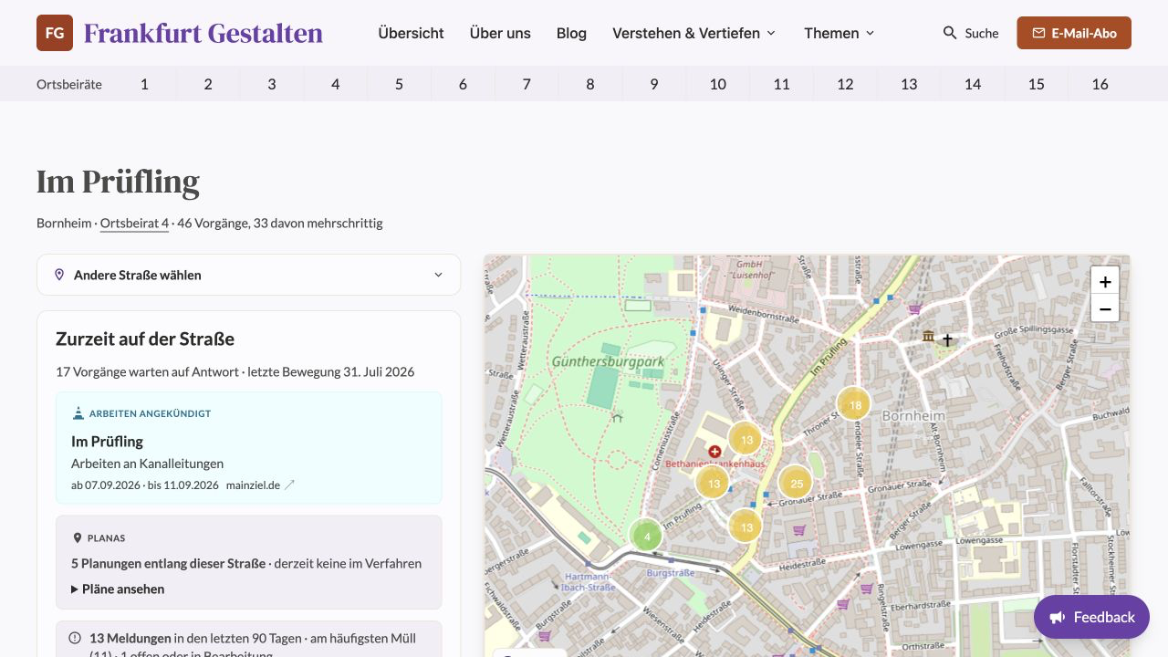 Straßenseite Im Prüfling auf Frankfurt Gestalten mit dem Block „Zurzeit auf der Straße", angekündigten Kanalarbeiten, Planungsdaten und der Karte von Bornheim